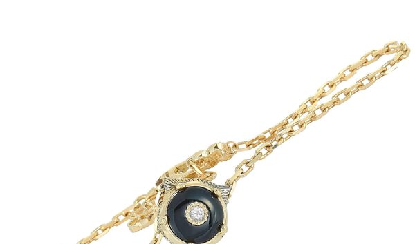 Gucci Gucci Le Marché des Merveilles 18K Yellow Gold Diamond Onyx Feline Charm Bracelet Size 18 (10749706)