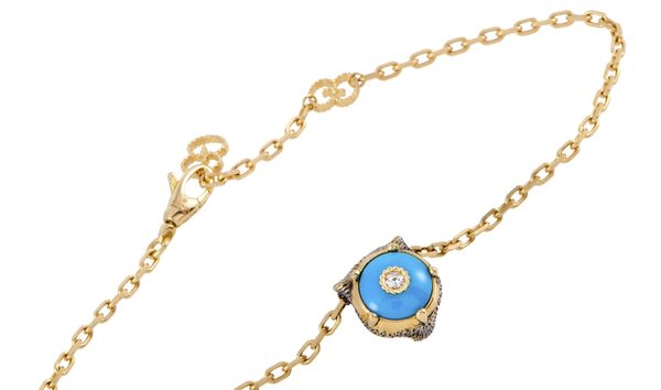 Gucci Gucci Le Marché des Merveilles 18K Yellow Gold Diamond and Turquoise Feline Motif Charm Bracel (10749709)