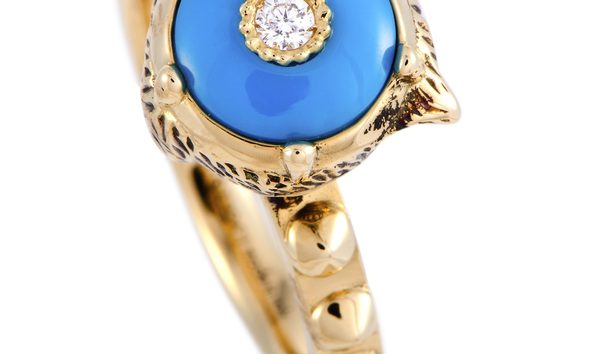 Gucci Gucci Le Marché des Merveilles 18K Yellow Gold Diamond and Turquoise Feline Motif Ring (10744650)