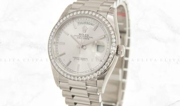 Rolex Day-Date 36 128349RBR-0001 18 Ct White Gold Silver Dial Diamond Set Bezel