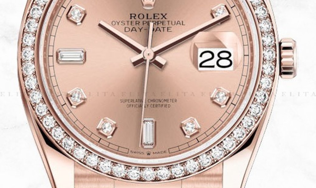 Rolex Day-Date 36 128345RBR-0009 18 Ct Everose Gold Diamond Set Rose Coloured Dial