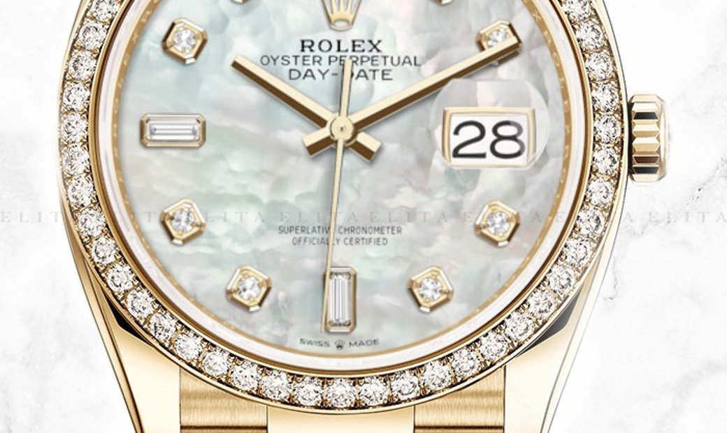 Rolex Day-Date 36 128348RBR-0017 18 Ct Yellow Gold White Mother-Of-Pearl Dial Diamond-Set Bezel