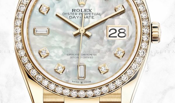 Rolex Day-Date 36 128348RBR-0017 18 Ct Yellow Gold White Mother-Of-Pearl Dial Diamond-Set Bezel (10961951)