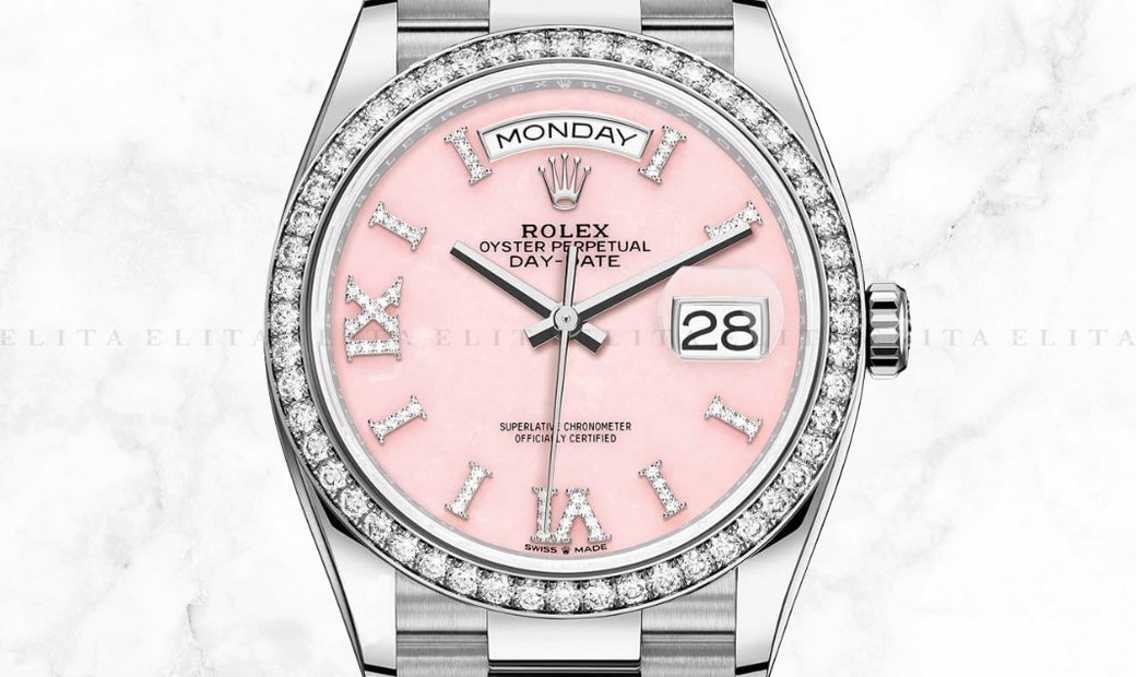 Rolex Day-Date 36 128349RBR-0008 18 Ct White Gold Diamond Set Pink Opal Dial, Diamond Set Bezel