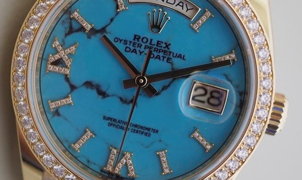 Rolex Day-Date 36 128348RBR-0037 18 ct Yellow Gold Diamond Set Turquoise Dial