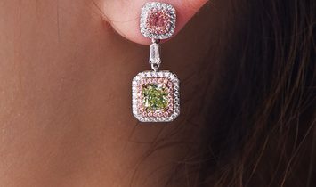 Pink & Green Diamond Earrings, 3.49 Ct. TW, Radiant shape, GIA Certified, JCEF05389313
