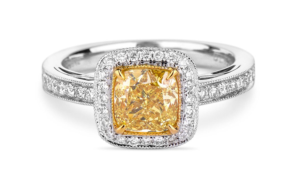 Fancy Intense Yellow Diamond Ring, 1.36 Ct. (1.78 Ct. TW), Cushion shape, GIA Certified, 6221180636