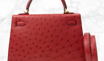 Hermes Kelly 25 Rouge Vif 53 / Red Ostrich Leather