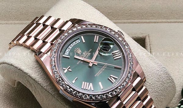 Rolex Day-Date 40 228345RBR-0011 18 CT Everose Gold Olive Green Dial, Diamond Set Bezel (11116844)