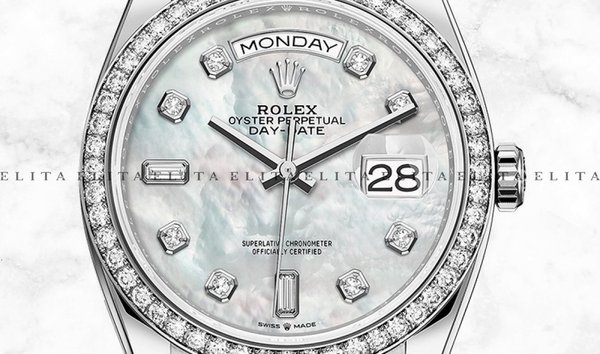 Rolex Day-Date 36 128349RBR-0004 White Gold, White Mother of Pearl Diamond Set Dial and Bezel (11131115)