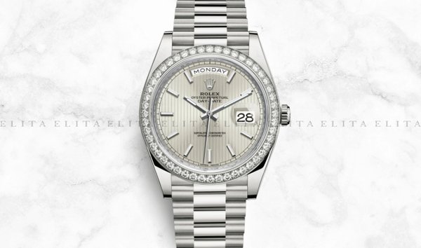Rolex Day-Date 40 228349RBR-0007 18K White Gold Silver Stripe Motif Dial Diamond Set Bezel (11144829)
