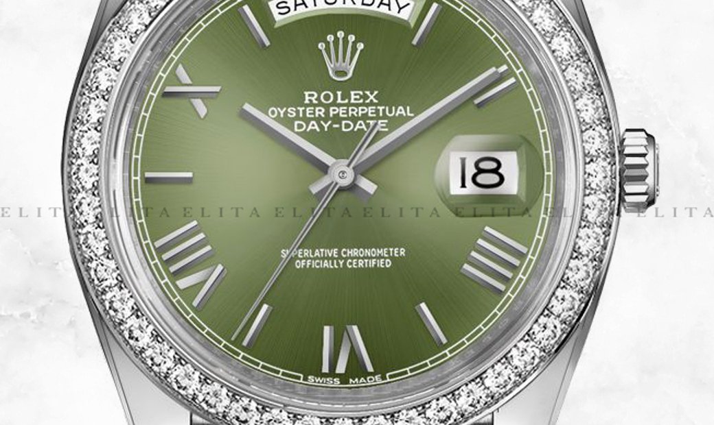 white gold day date green dial