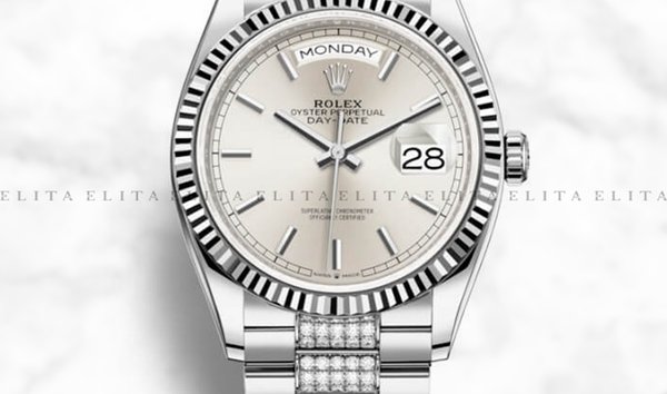 Rolex Day-Date 36 128239-0025 18K White Gold Silver Dial Diamond Set Bracelet (11148818)