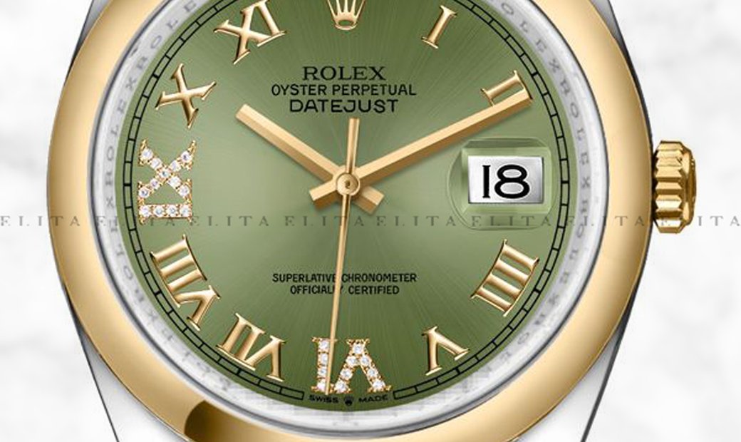 Rolex Datejust 36 126203-0025 Yellow Rolesor Diamond Set Green Dial Roman Numerals Jubilee Bracelet