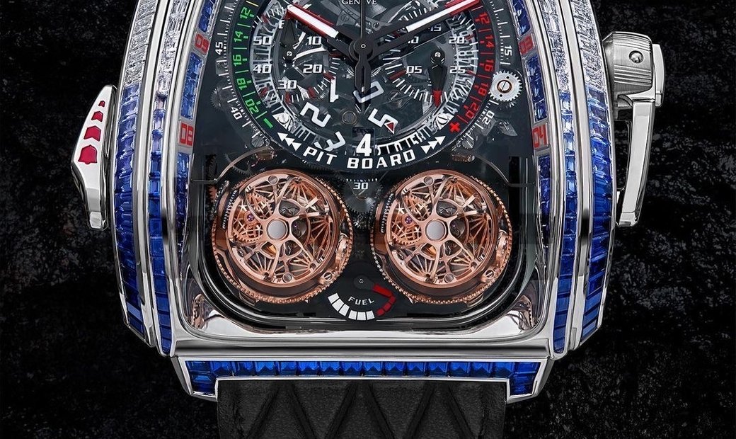 Jacob & Co. 捷克豹 [NEW MODEL] Twin Turbo Furious Baguette in White Diamonds and Blue Sapphires