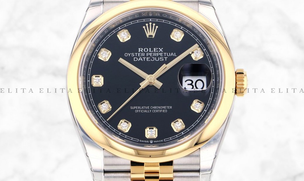 Rolex Datejust 36 126203-0021 Oystersteel and Yellow Gold Diamond Set Black Dial Jubilee Bracelet