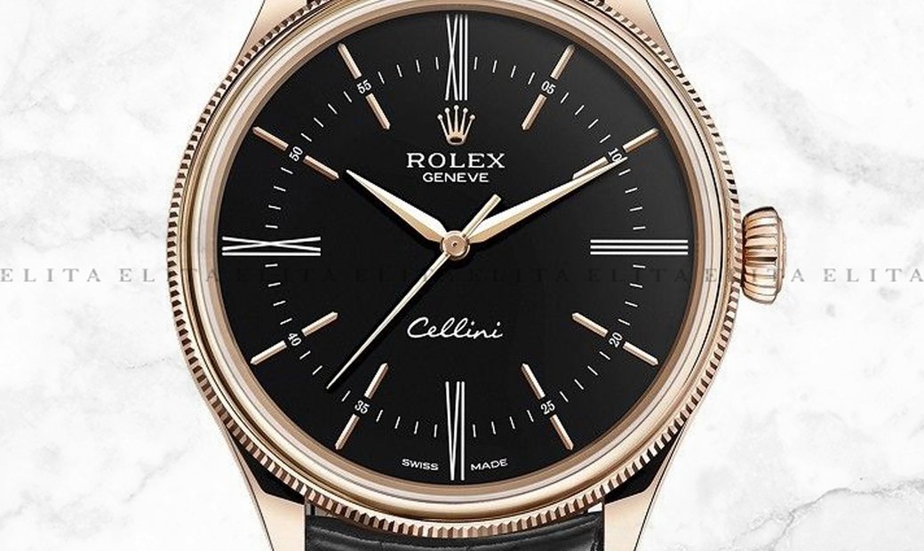 Rolex Cellini Time 50505-0009 18K Everose Gold 39mm Black Dial with Double Bezel