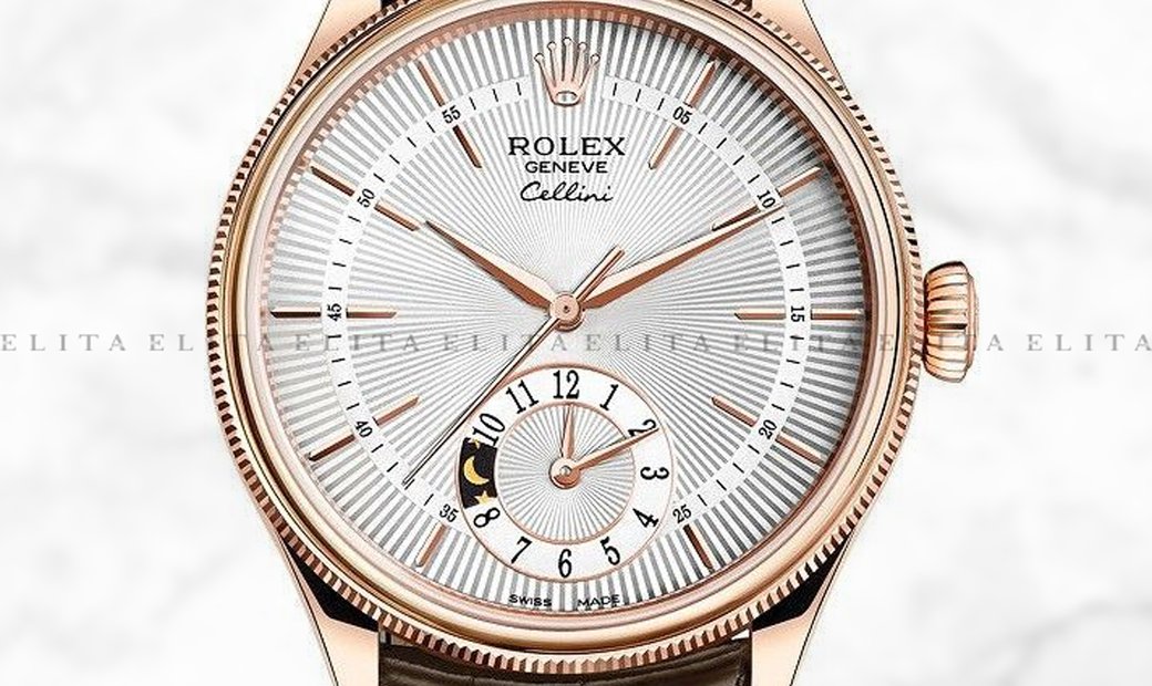 Rolex Cellini Dual Time 50525-0008 18K Everose Gold 39mm Silver Guilloche Dial with Double Bezel