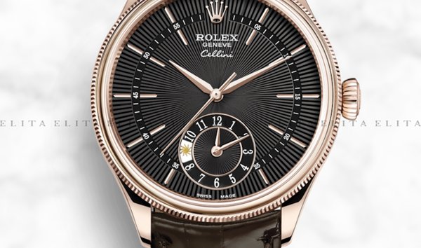 Rolex Cellini Dual Time 50525-0010 18K Everose Gold 39mm Black Guilloche Dial with Double Bezel (11161853)