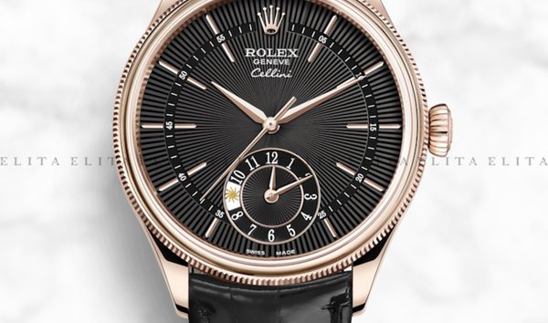 Rolex Cellini Dual Time 50525-0011 18K Everose Gold 39mm Black Guilloche Dial with Double Bezel (11161876)