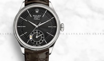 Rolex Cellini Dual Time 50529-0010 18K White Gold 39mm Black Guilloche Dial with Double Bezel