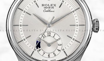 Rolex Cellini Dual Time 50529-0009 18K White Gold 39mm Silver Guilloche Dial with Double Bezel