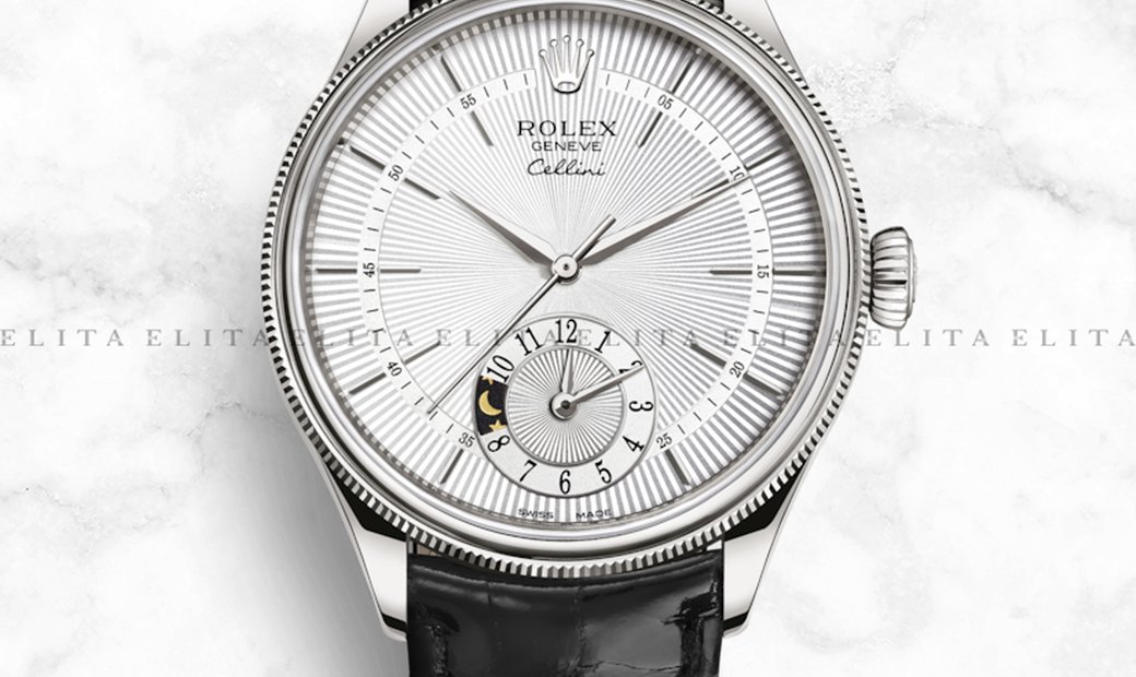 Rolex Cellini Dual Time 50529-0006 18K White Gold 39mm Silver Guilloche Dial with Double Bezel