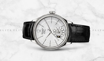 Rolex Cellini Dual Time 50529-0006 18K White Gold 39mm Silver Guilloche Dial with Double Bezel