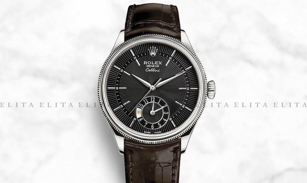 Rolex Cellini Dual Time 50529-0010 18K White Gold 39mm Black Guilloche Dial with Double Bezel