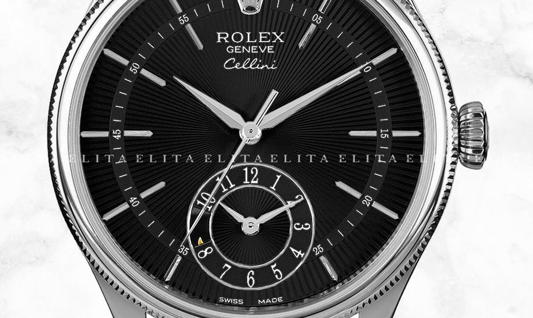 Rolex Cellini Dual Time 50529-0007 18K White Gold 39mm Black Guilloche Dial with Double Bezel