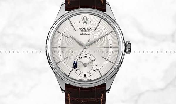 Rolex Cellini Dual Time 50529-0009 18K White Gold 39mm Silver Guilloche Dial with Double Bezel (11161919)