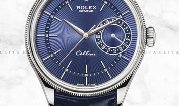 Rolex Cellini Date 50519-0011 White Gold Blue Guilloche Dial Double Bezel Leather Strap