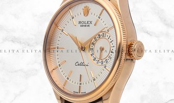 Rolex Cellini Date 50515-0008 Everose Gold Silver Guilloche Dial Double Bezel Leather Strap