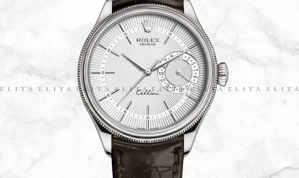 Rolex Cellini Date 50519-0012 White Gold Silver Guilloche Dial Alligator Leather Strap