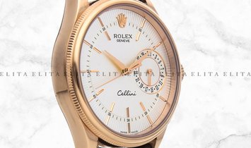 Rolex Cellini Date 50515-0008 Everose Gold Silver Guilloche Dial Double Bezel Leather Strap