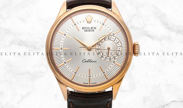 Rolex Cellini Date 50515-0008 Everose Gold Silver Guilloche Dial Double Bezel Leather Strap (11166552)