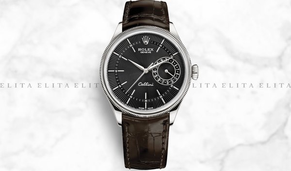 Rolex Cellini Date 50519-0014 White Gold Black Guilloche Dial Double Bezel Tobacco Leather Strap (11166671)