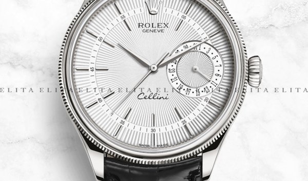 Rolex Cellini Date 50519-0006 White Gold Silver Guilloche Dial Double Bezel Black Leather Strap (11166785)