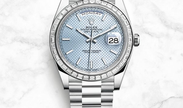 Rolex Day-Date 40 228396TBR-0001 Platinum Ice Blue Diagonal Motif Dial Diamond Bezel (11191552)