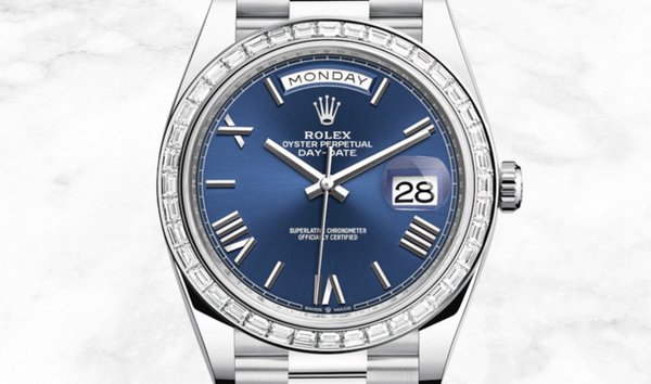 Rolex Day-Date 40 228396TBR-0026 Platinum Blue Dial Roman Numerals Diamond Bezel (11196411)