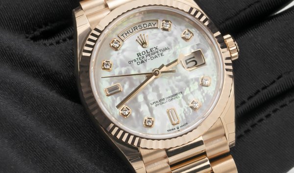 Rolex Day-Date 36 128235-0029 18 Ct Everose Gold Diamond Set White Mother-Of-Pearl Dial (11033887)