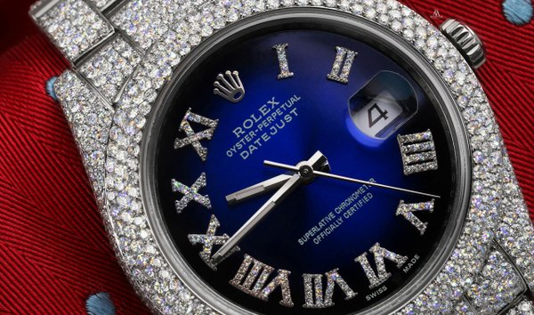 Rolex Mens Datejust II 41mm 116300 Stainless Steel Blue Vignette Roman Diamond Dial Fully Iced Out (12336368)