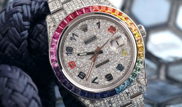 Rolex Datejust II 41mm SS Fully Iced Out Watch with Rainbow Bezel and Rainbow Dial 116300 (12336272)