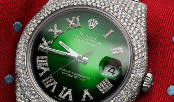 Rolex Mens Datejust II 41mm 116300 Stainless Steel Green Vignette Roman Diamond Dial Fully Iced Out (12336361)