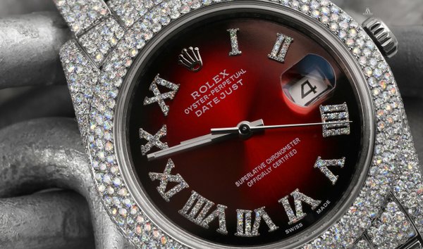 Rolex Mens Datejust II 41mm 116300 Stainless Steel Red Vignette Roman Diamond Dial Fully Iced Out (12336348)