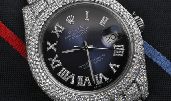 Rolex Mens Datejust II 41mm 116300 Stainless Steel Blue Vignette Roman Diamond Dial Fully Iced Out (12336404)