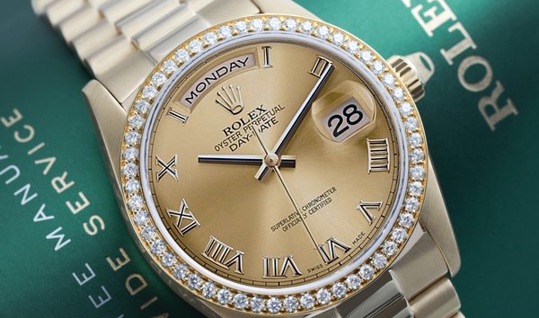Rolex 36mm Presidential 18kt Gold Champagne Roma Dial Diamond Bezel 18038 (12336447)