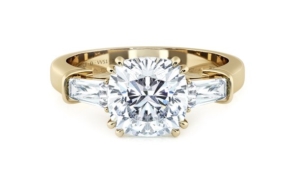 2.00 CT Cushion Cut Diamond Engagement Ring with Baguette Cut Accent Stones in 18K Yellow Gold (12498372)