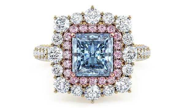 1.36 CT Radiant Cut Blue Diamond Engagement Ring With Double Halo in 18K Yellow Gold (12498447)