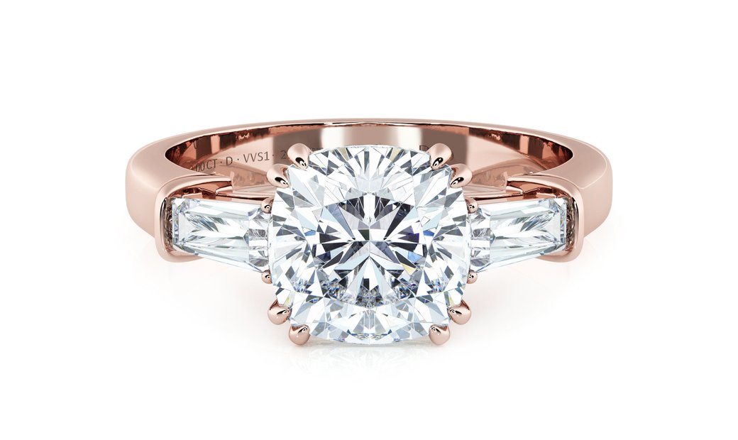 2.00 CT Cushion Cut Diamond Engagement Ring with Baguette Cut Accent Stones in 18K Rose Gold